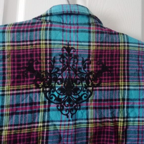 Soft Surroundings Shirt Sz PM Flannel Button Black Velvet Cuffs Appliqués Pride - Picture 5 of 6